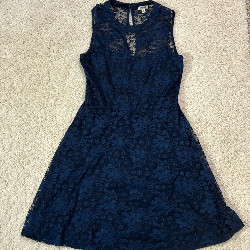 LILY STAR M blue lace fit and flare dress with high neck—see photos, gorgeous!